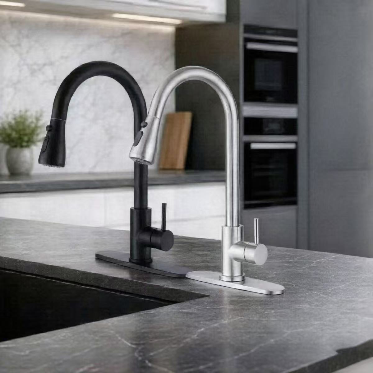 Commercial Kitchen Mixer Tap - Küchenarmatur Einloch-Ausziehbrause Küchenspülbecken-Mischbatterie Strahl-Sprühkopf Chrom/Schwarz
