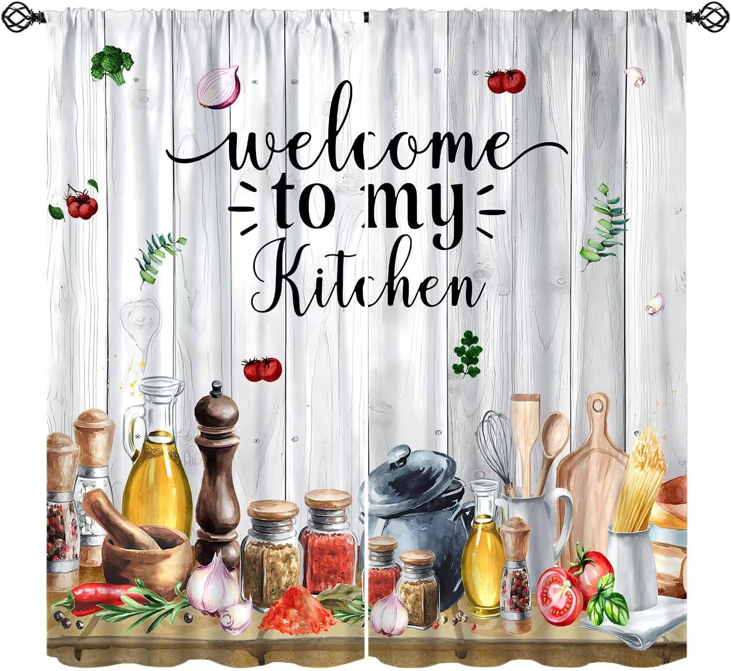 Commercial Kitchen Canopy - Rustikale Küchenvorhänge, Bauernhaus-Aquarell-Küchengeschirr, Gemüse, Obst, Bäckerei,